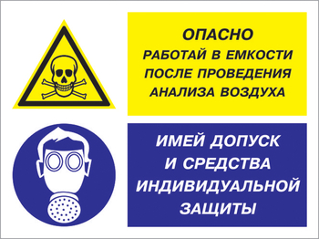 Кз 90 опасно - работай в емкости после проведения анализа воздуха. имей допуск и средства индивидуальной защиты. (пленка, 400х300 мм) - Знаки безопасности - Комбинированные знаки безопасности - Магазин охраны труда ohranatruda-shop.ru