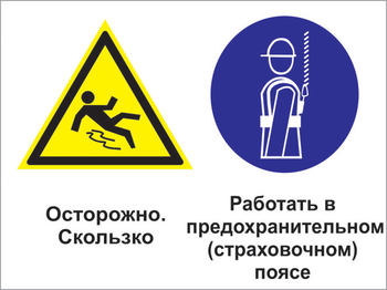 Кз 70 осторожно - скользко. работать в предохранительном (страховочном) поясе. (пленка, 600х400 мм) - Знаки безопасности - Комбинированные знаки безопасности - Магазин охраны труда ohranatruda-shop.ru