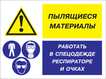 Кз 87 пылящиеся материалы - работать в спецодежде, респираторе и очках. (пленка, 600х400 мм) - Знаки безопасности - Комбинированные знаки безопасности - Магазин охраны труда ohranatruda-shop.ru